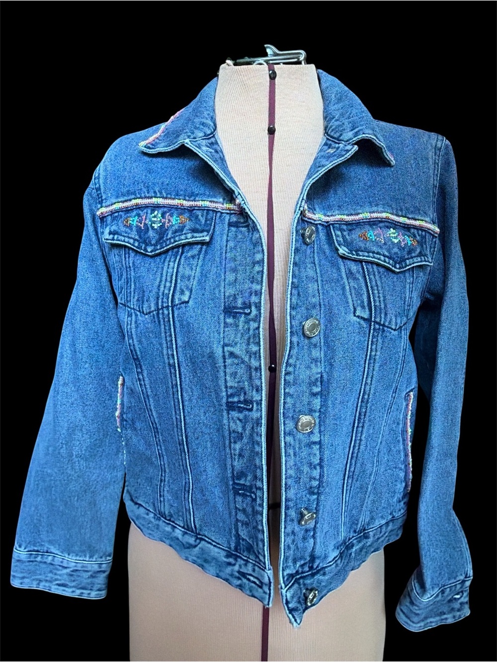 Pendleton Blue Denim Jacket with Multicolor Embroidered Beaded Trim Sz 2